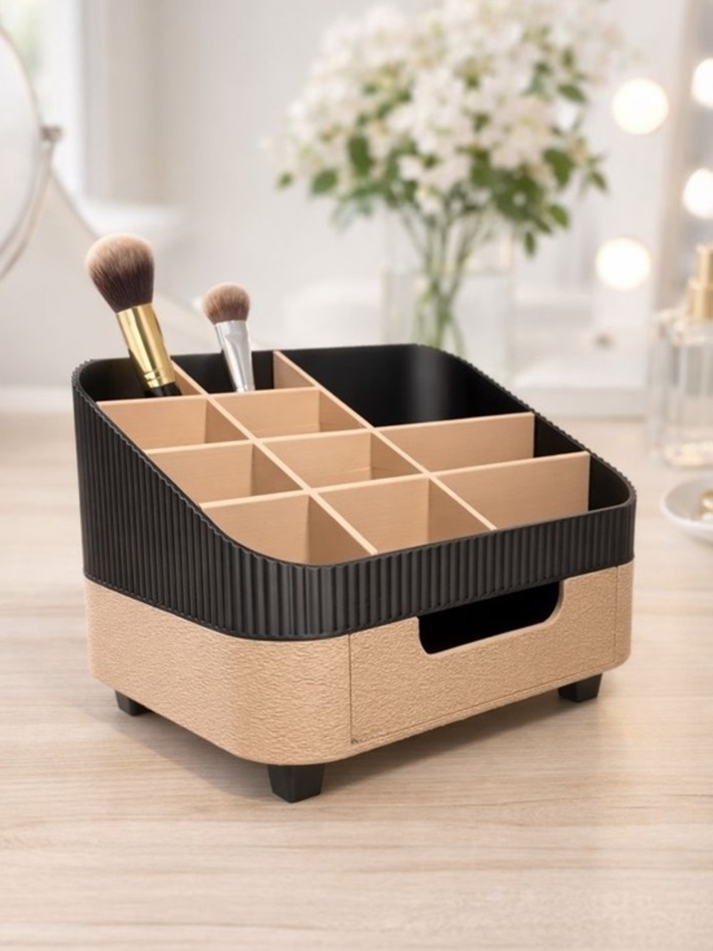 Makeup Organizer with Drawer | Vanity Storage Tray for Cosmetics & Brushes